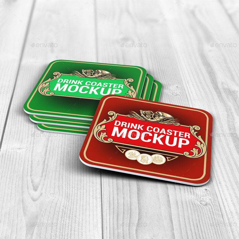 Drink Coasters Round and Square Label MockUp by L5Design GraphicRiver